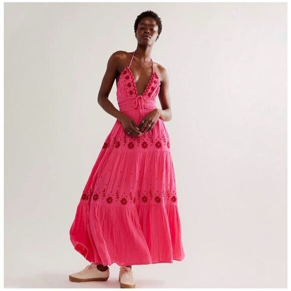 Free People Women’s Real Love Embroidered Halter Gauzy Cotton Maxi Dress in Hot - Picture 1 of 15